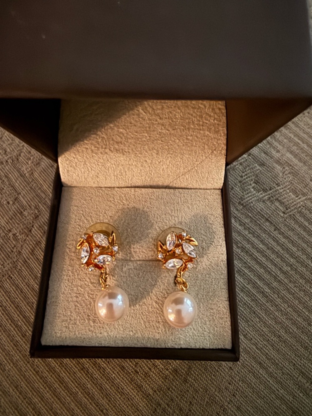 Gold Pearl Drop Earrings with Crystal Accents